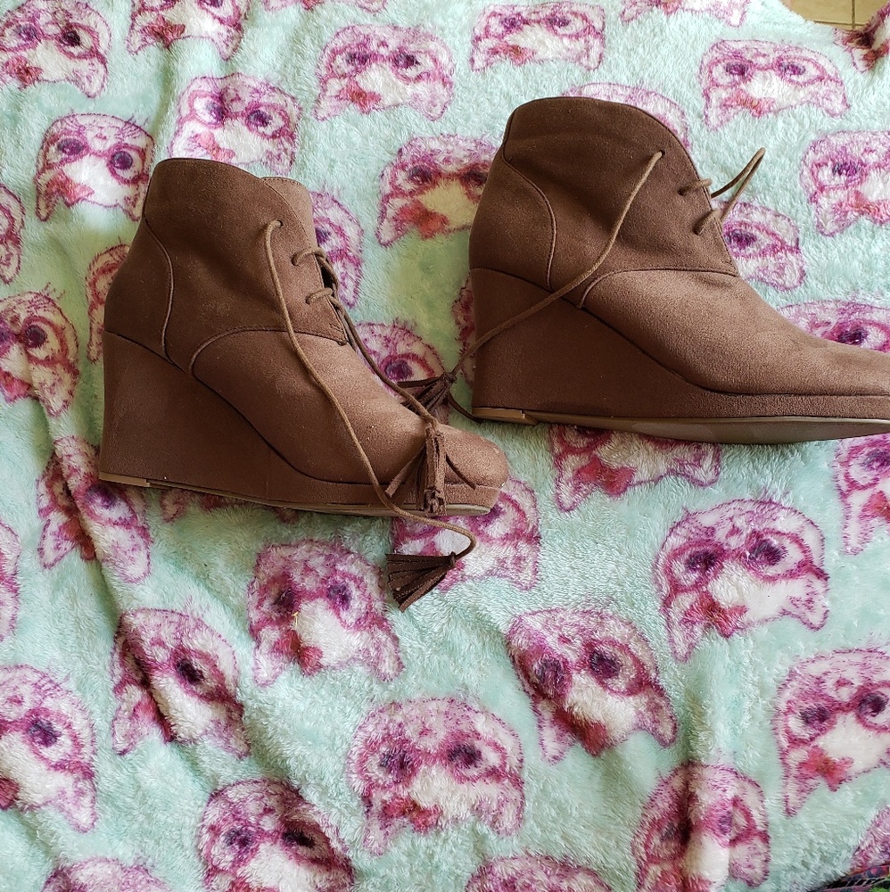 Tan suede wedge booties